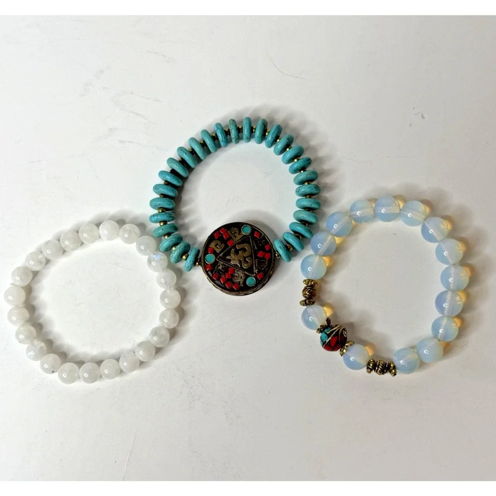 Nepalese Tibetan-Style Buddhist Om Pendant Turquoise Opalite Beaded Bracelet Set